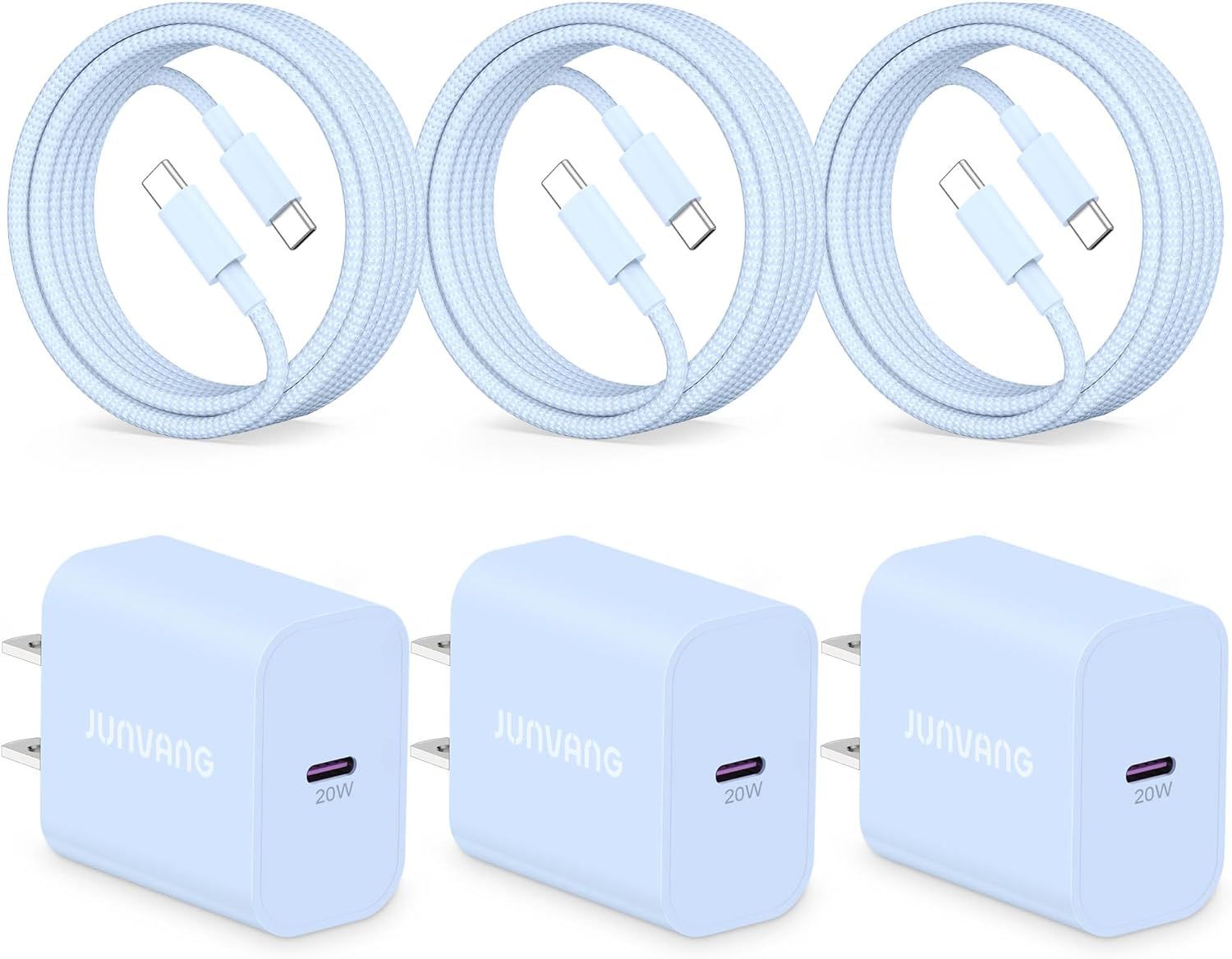 20W PD USB C Fast Charger for iPhone 15/15 Plus/15 Pro/15 Pro Max, iPad Pro/Air/Mini, AirPods Pro, 3-Pack USB C Wall Charger Block Power Adapter Type C Plug with 3FT USB C to C Charging Cable, Blue