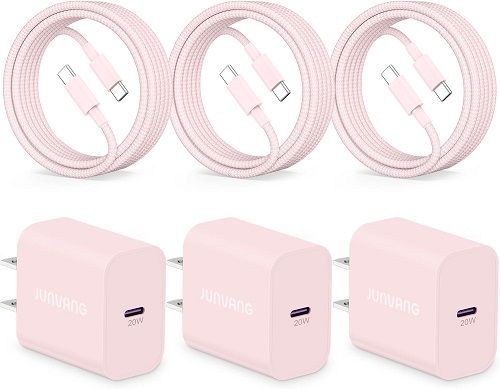 20W PD USB C Fast Charger for iPhone 15/15 Plus/15 Pro/15 Pro Max, iPad Pro/Air/Mini, AirPods Pro, 3-Pack USB C Wall Charger Block Power Adapter Type C Plug with 3FT USB C to C Charging Cable, Pink